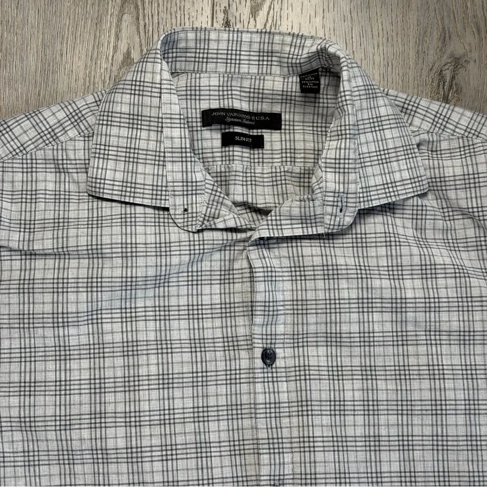 John Varvatos U.S.A. Shirt Mens 15 32/33 Gray Plaid‎ Slim Fit Dress Long Sleeve